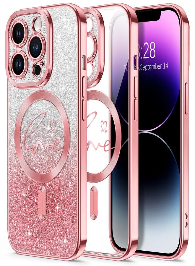 Hython for iPhone 14 Pro Max Case Glitter, Compatible with MagSafe Love Heart Magnetic Clear Phone Cases for Women Girls, Full Camera Protection Sparkle Plating Shockproof Protective Cover, Pink - Image 1