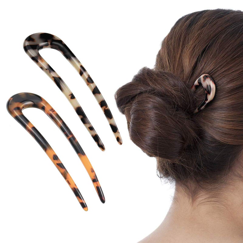 Benefree 2 Pack Benefree French Style Cellulose Acetate Tortoise Shell U Shaped Hair Pins Fork 2 Prong Updo Chignon Pin for Women Girls Hairstyle Accessoriesï¼ˆTortoiseshell and White Tortoiseshell) - Image 1