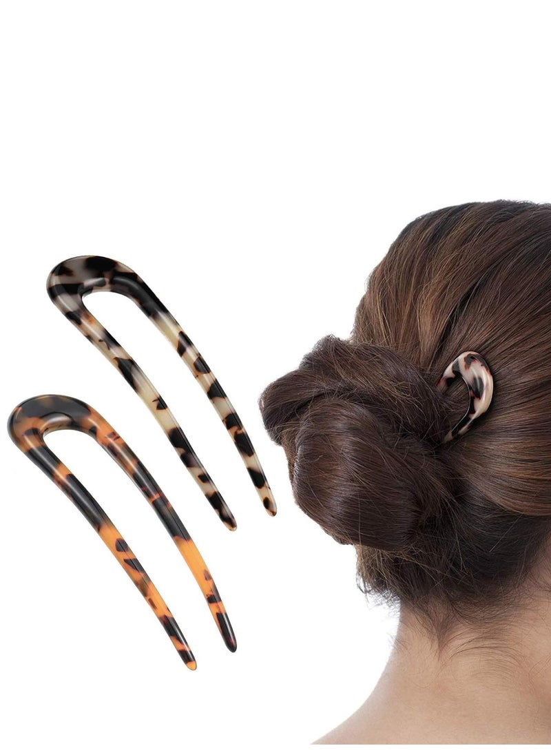 Benefree - 2 Pack Benefree French Style Cellulose Acetate Tortoise Shell U Shaped Hair Pins Fork 2 Prong Updo Chignon Pin for Women Girls Hairstyle Accessories（Tortoiseshell and White Tortoiseshell) - Image 1