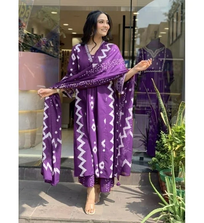 GoSriKi  GoSriKi Women's Rayon Viscose Printed Anarkali Kurta with Palazzo & Dupatta (CHAKRIKA PURPLE-GS_L_Purple_Large) for Women | Best Price UAE