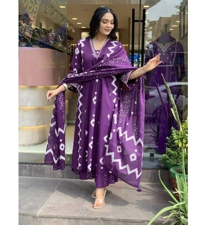 GoSriKi  GoSriKi Women's Rayon Viscose Printed Anarkali Kurta with Palazzo & Dupatta (CHAKRIKA PURPLE-GS_L_Purple_Large) for Women | Best Price UAE