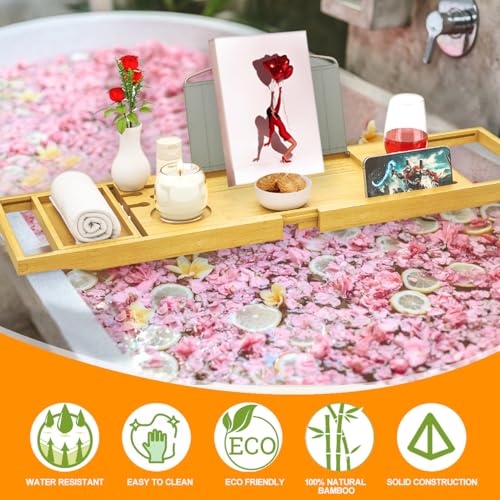 Banlilu Premium Natural Bamboo Expandable Bathtub Tray Caddy, Luxury Spa-Like Experience, Adjustable, Sturdy, Non-Slip, Foldable - Image 3