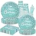 DISRUB Teal and Silver Party Tableware Complete Pack for Birthday Baby Shower Party Including Plates Cups Napkins Straws - Image 3