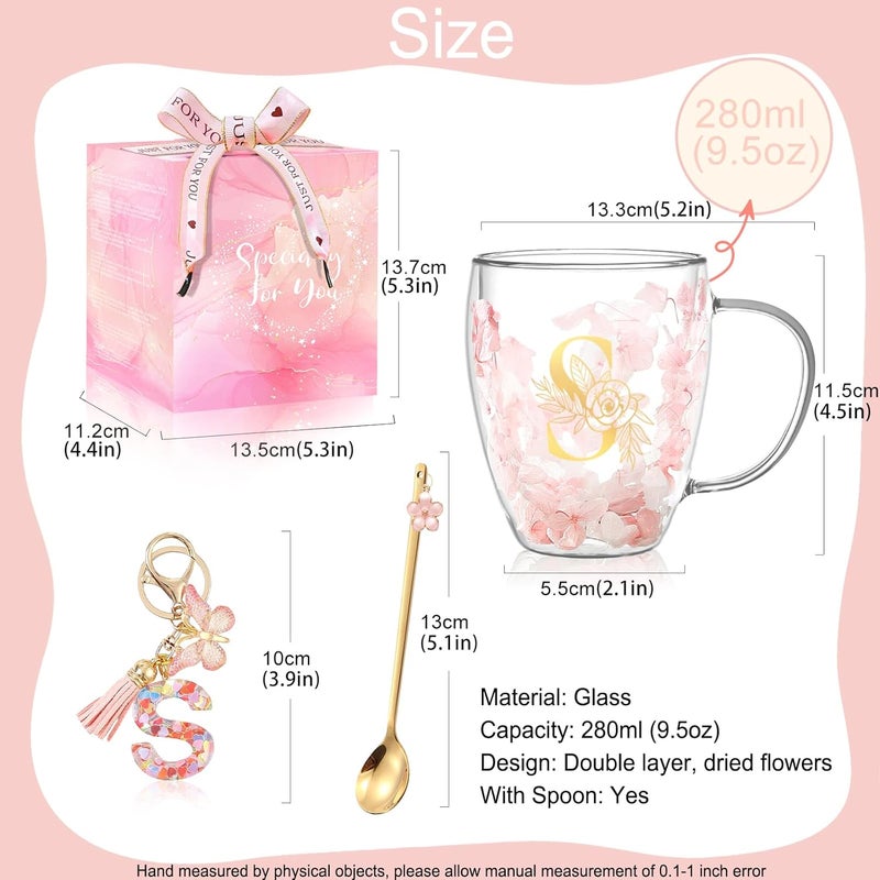 BigNoseDeer Gifts for Women Glass Coffee Mugs Unique Birthday Gift for Women Her Ladies Espresso Tea Cups Personalised Friendship Wedding Gifts Cute Double Walled Glass Mugs Pink Stuff Graduation Gift (Letter S) - Image 5