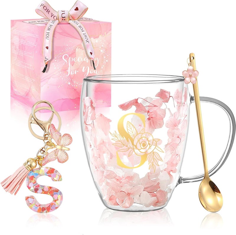 BigNoseDeer Gifts for Women Glass Coffee Mugs Unique Birthday Gift for Women Her Ladies Espresso Tea Cups Personalised Friendship Wedding Gifts Cute Double Walled Glass Mugs Pink Stuff Graduation Gift (Letter S) - Image 1