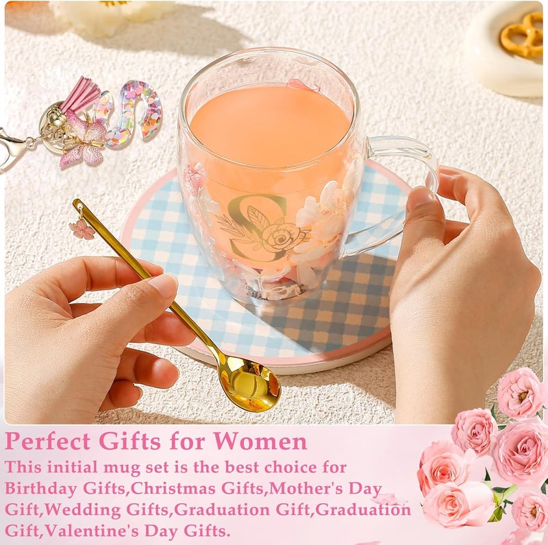 BigNoseDeer Gifts for Women Glass Coffee Mugs Unique Birthday Gift for Women Her Ladies Espresso Tea Cups Personalised Friendship Wedding Gifts Cute Double Walled Glass Mugs Pink Stuff Graduation Gift (Letter S) - Image 2