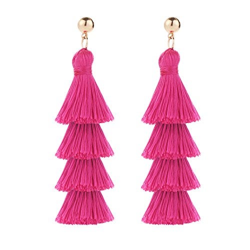 BaubleStar Fashion Tassel Dangle Earrings for Women Layered Long Bonita Tiered Thread Tassel Rose Red Drop Statement Jewelry - Image 1