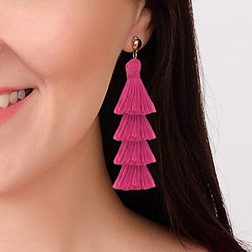 BaubleStar Fashion Tassel Dangle Earrings for Women Layered Long Bonita Tiered Thread Tassel Rose Red Drop Statement Jewelry - Image 2