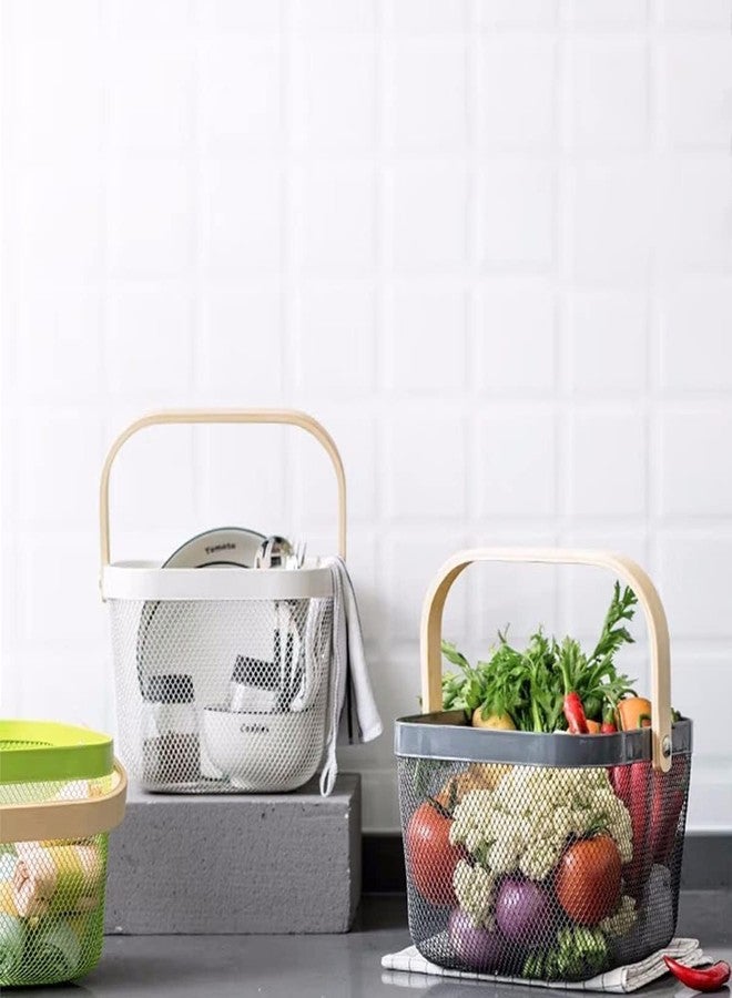 Peelorange Metal Wire Basket With Handle | Basket For Fruits, Kitchen, | Books Stationery Storage Basket | Mesh Open Storage Bin | Storage Organizer ||Pack Of 2|| - Image 1