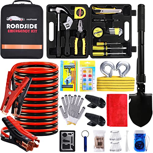HAIPHAIK Car Emergency Roadside Kit - Roadside Assistance Emergency Kit, Car Emergency Kit with Jumper Cables, Safety Kits for Cars,Folding Shovel, Tow Rope,Car Tool Kit - Image 1