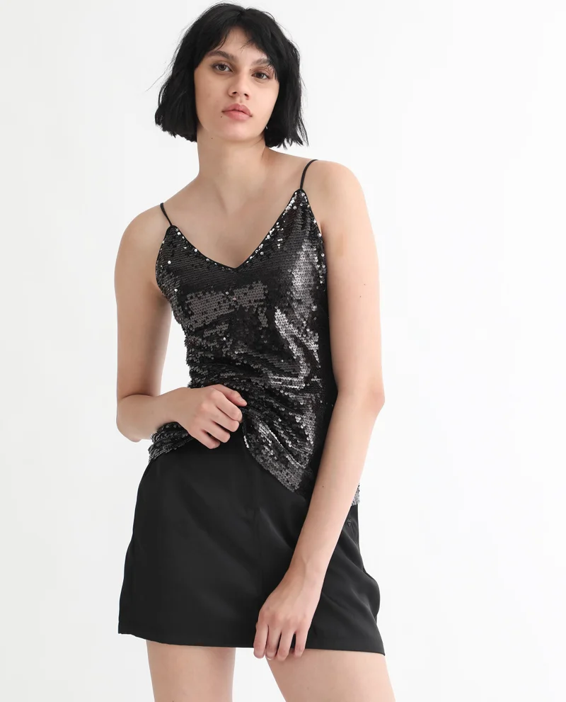 Rareism Women's Dazzling Soiree Sequined V-Neck Party Top