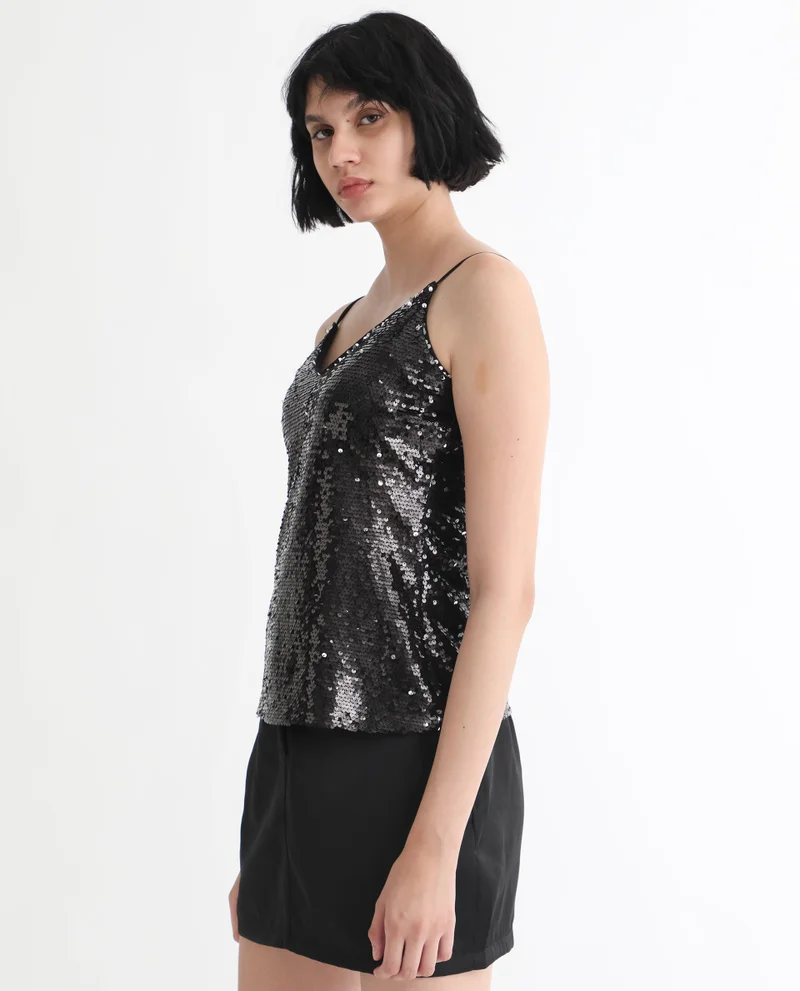 Rareism Women's Dazzling Soiree Sequined V-Neck Party Top