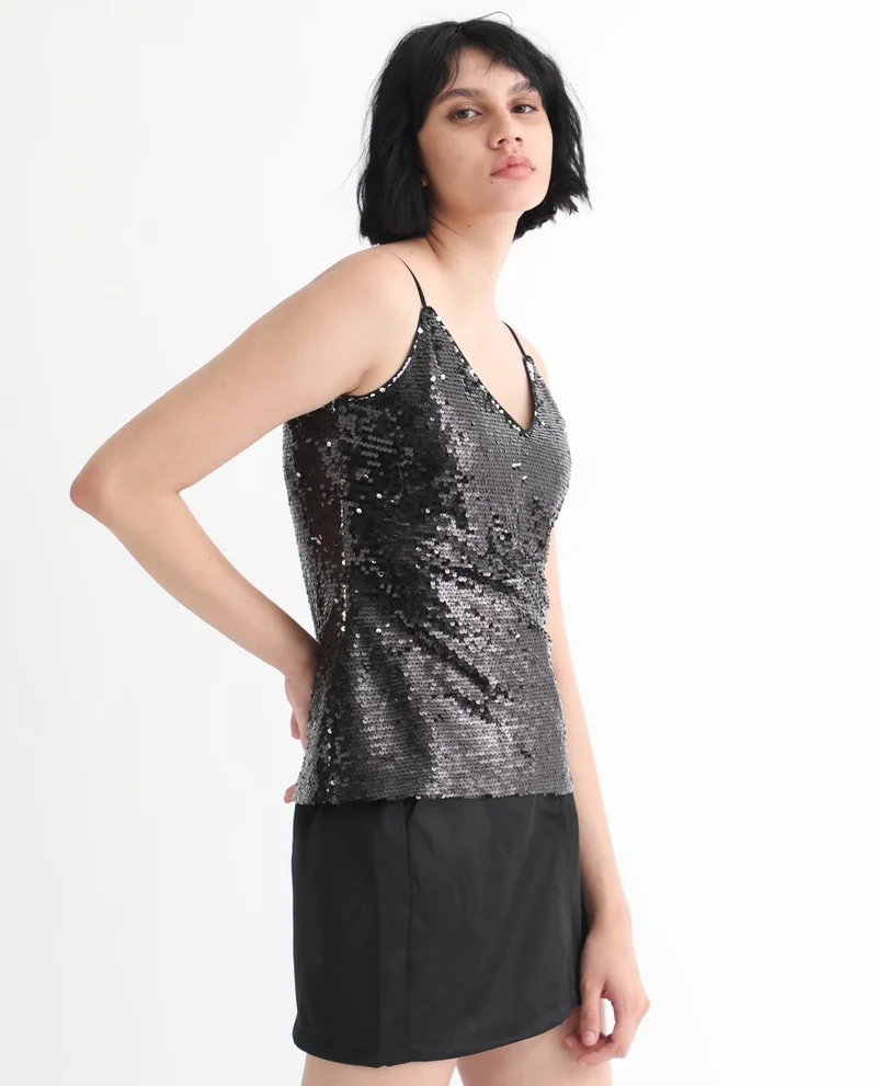 Rareism Women's Dazzling Soiree Sequined V-Neck Party Top