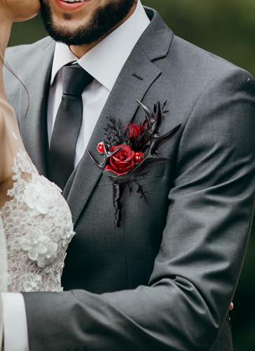 PartyforU Black Boutonniere for Wedding - 2 Pcs Dark Rose Boutonnieres Prom Boutonniere with Antler for Men Groom Groomsmen Halloween Wedding Ceremony Anniversary Formal Dinner Party - Image 2