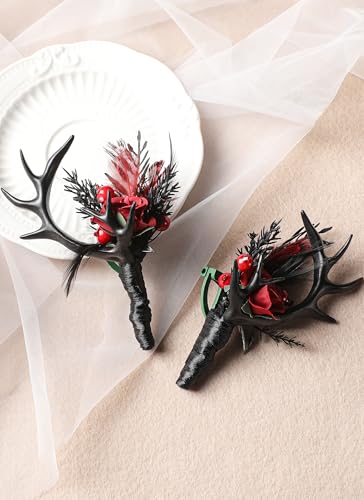 PartyforU Black Boutonniere for Wedding - 2 Pcs Dark Rose Boutonnieres Prom Boutonniere with Antler for Men Groom Groomsmen Halloween Wedding Ceremony Anniversary Formal Dinner Party - Image 5