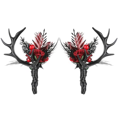 PartyforU Black Boutonniere for Wedding - 2 Pcs Dark Rose Boutonnieres Prom Boutonniere with Antler for Men Groom Groomsmen Halloween Wedding Ceremony Anniversary Formal Dinner Party - Image 1
