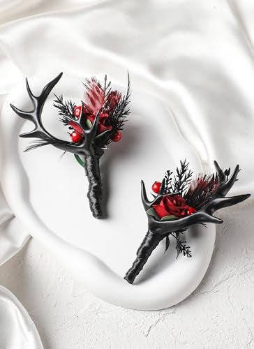 PartyforU Black Boutonniere for Wedding - 2 Pcs Dark Rose Boutonnieres Prom Boutonniere with Antler for Men Groom Groomsmen Halloween Wedding Ceremony Anniversary Formal Dinner Party - Image 4