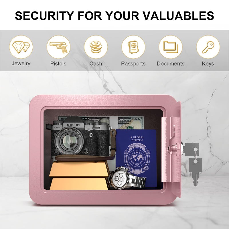 Marcree 0.23 Cubic Small Safe Box for Home, Mini Safes for Kids, Pink Safe with Key, Security Cabinet Safes with Cutting-edge Bending, Lock Box with Keys for Money Cash, 6.69x 9.06x 6.69 Inches, Pink - Image 5
