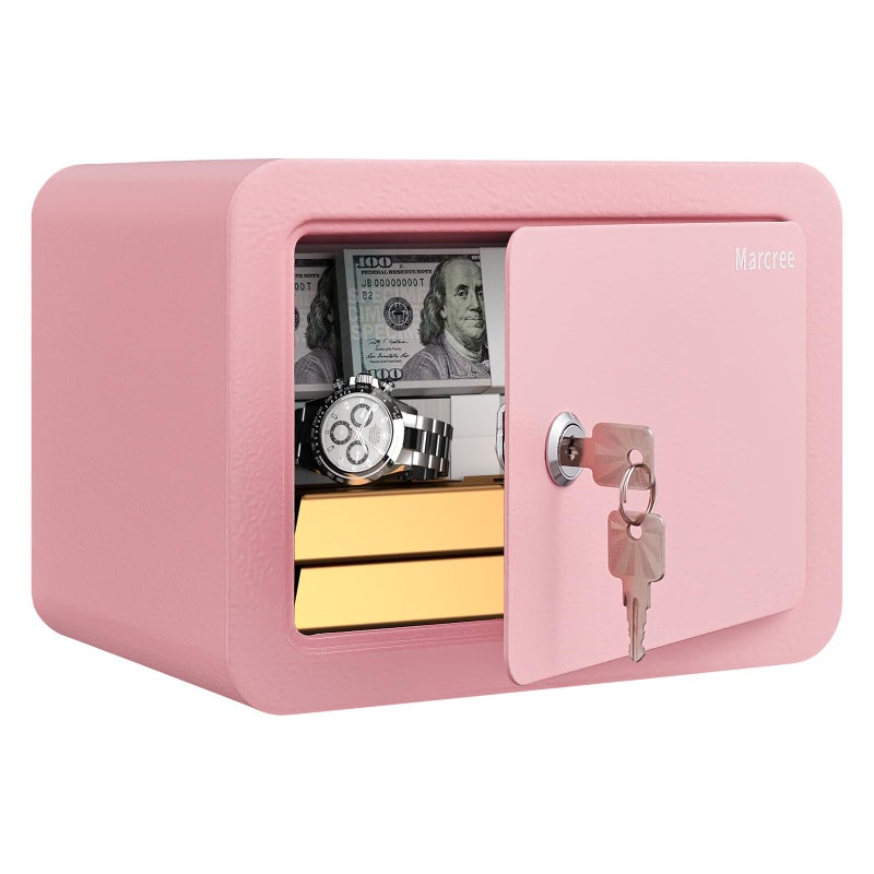 Marcree 0.23 Cubic Small Safe Box for Home, Mini Safes for Kids, Pink Safe with Key, Security Cabinet Safes with Cutting-edge Bending, Lock Box with Keys for Money Cash, 6.69x 9.06x 6.69 Inches, Pink - Image 1
