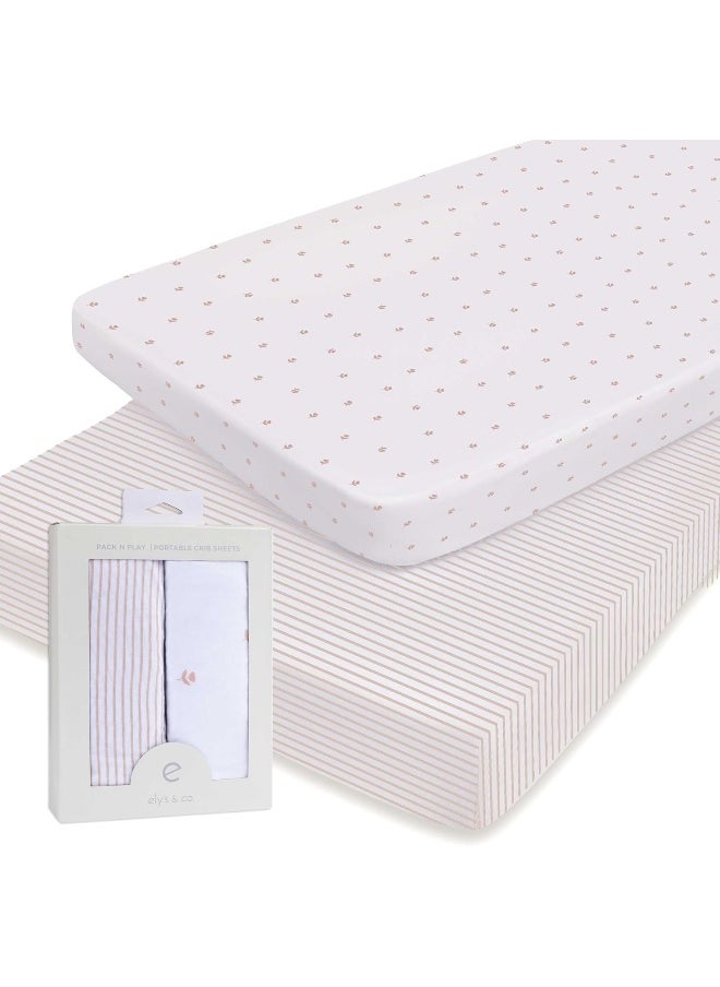 Ely's & Co. Ely's & Co. Pack N Play Sheet Set, 100% Jersey Cotton Playard 2-Pack — Pink Tulips & Stripes  - Image 1