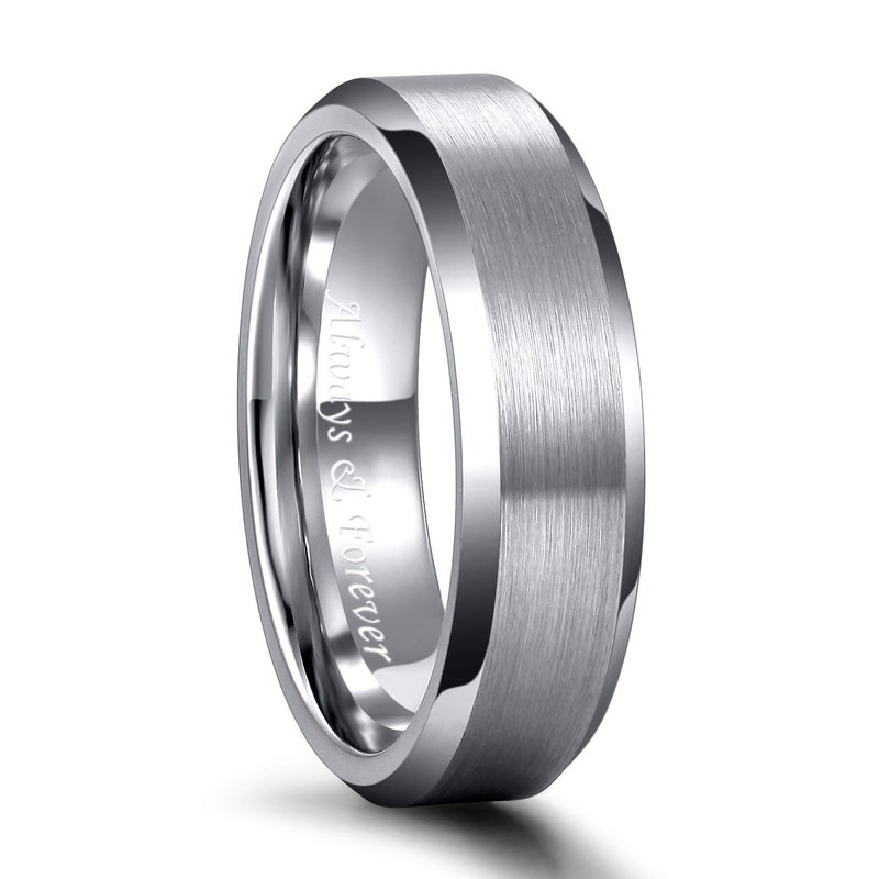 Greenpod 6MM Tungsten Carbide Ring for Men Brushed Beveled Edge Wedding Band for Women Engraved Always Forever Size 8