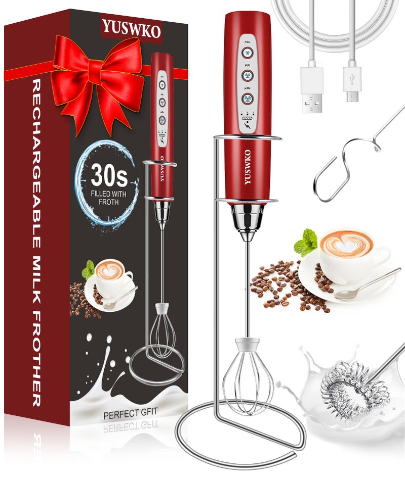 YUSWKO Milk Frother Handheld for Coffee with Stand, Rechargeable Drink Mixer with 3 Heads 3 Speeds Electric Coffee Frother Whisk, Gift for Many Occasions and Festival - Image 1