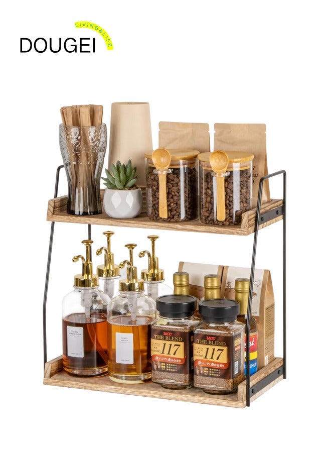 DOUGEI Countertop Coffee Station Organizer, 2 Tier Wooden Shelf for Coffee Bar Accessories, Condiment Storage Caddy for Kitchen, Home, Office，bathroom - Image 1