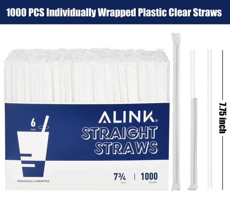 ALINK 1000 Counts Clear Plastic Disposable Drinking Straws  Individually Wrapped Straight Party Straws - 7.75"" x 0.23"" - Image 2