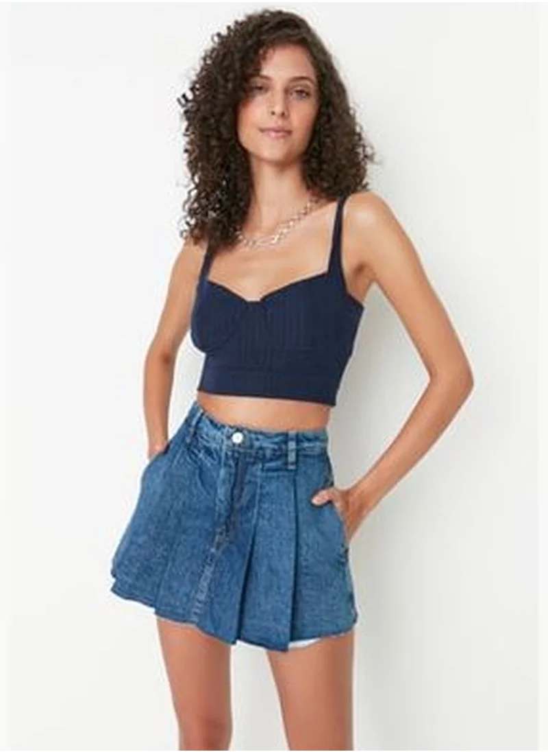 trendyol Blue Pleated Normal Waist Denim Shorts Skirt