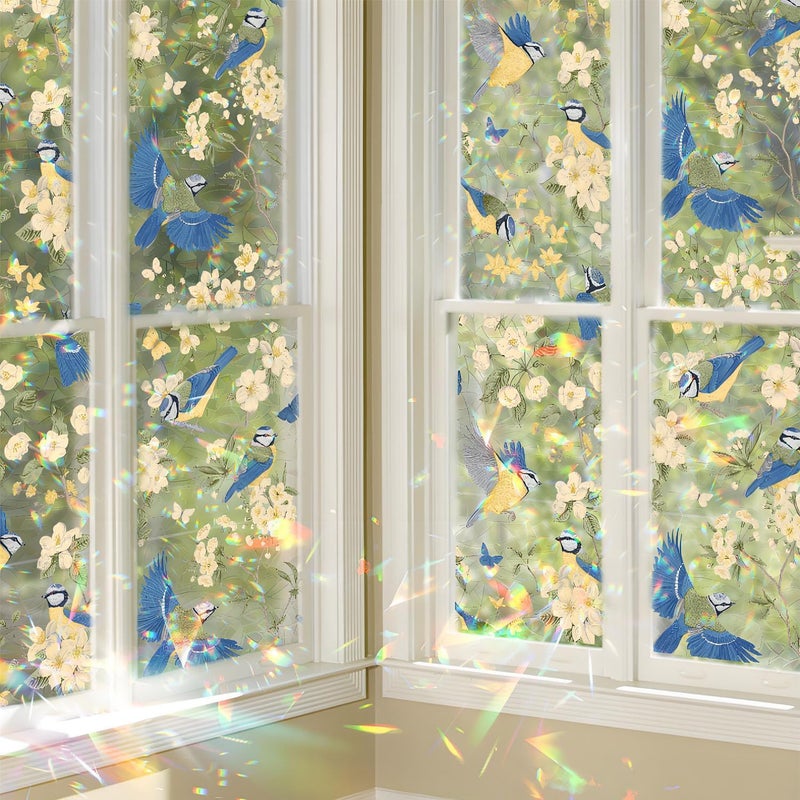 كاست ويف فيلم خصوصية النوافذ الزجاجية الملونة - مقاس 16.93 × 39.37 بوصة، ماسك ضوء بتصميم طيور زرقاء مصنوعة يدويًا وأشجار مزهرة، ملصقات زجاجية قوس قزح للمنزل والمطبخ وأبواب الحمام - ملصقات خصوصية - Image 2