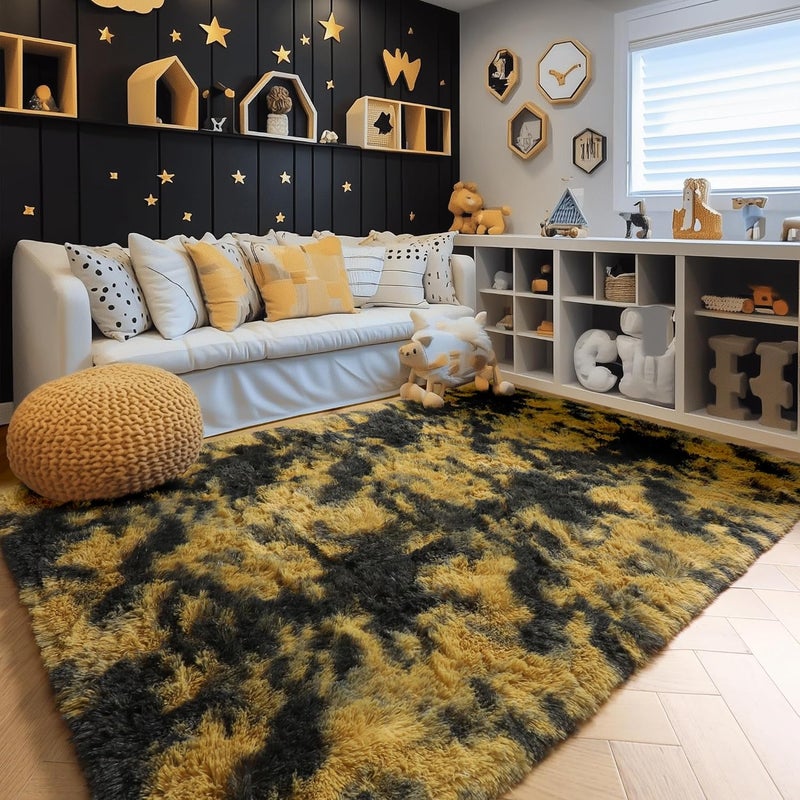 Amdrebio Black Gold Yellow Grey Rugs for Bedroom Living Room Decor, Fluffy Furry Fuzzy Shaggy Area Rug 5x7 for Kids Room Dorm Home Office, Modern Cool Leopard Cheetah Shag Carpet for Teen Boys Men - Image 5