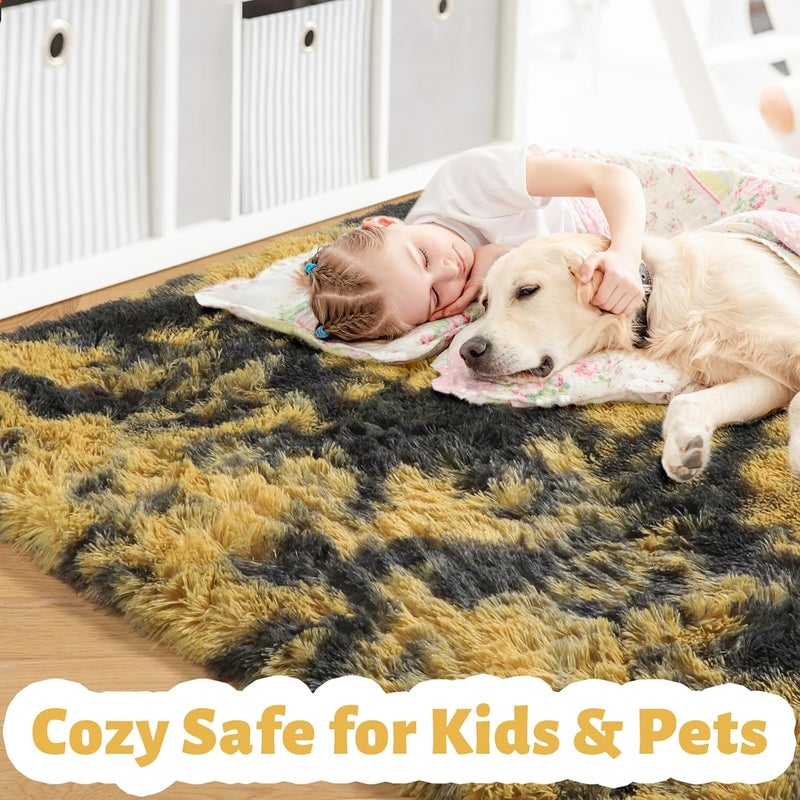 Amdrebio Black Gold Yellow Grey Rugs for Bedroom Living Room Decor, Fluffy Furry Fuzzy Shaggy Area Rug 5x7 for Kids Room Dorm Home Office, Modern Cool Leopard Cheetah Shag Carpet for Teen Boys Men - Image 4