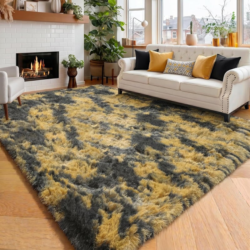 Amdrebio Black Gold Yellow Grey Rugs for Bedroom Living Room Decor, Fluffy Furry Fuzzy Shaggy Area Rug 5x7 for Kids Room Dorm Home Office, Modern Cool Leopard Cheetah Shag Carpet for Teen Boys Men - Image 1