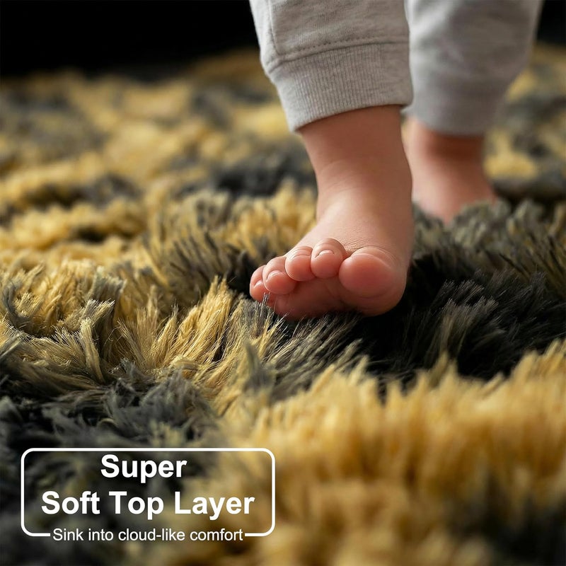 Amdrebio Black Gold Yellow Grey Rugs for Bedroom Living Room Decor, Fluffy Furry Fuzzy Shaggy Area Rug 5x7 for Kids Room Dorm Home Office, Modern Cool Leopard Cheetah Shag Carpet for Teen Boys Men - Image 2