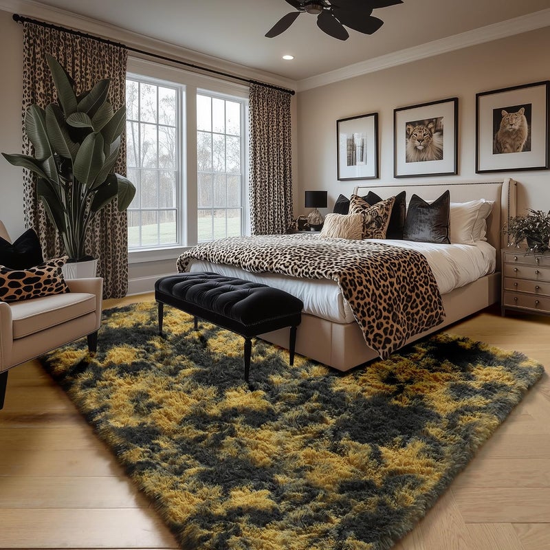 Amdrebio Black Gold Yellow Grey Rugs for Bedroom Living Room Decor, Fluffy Furry Fuzzy Shaggy Area Rug 5x7 for Kids Room Dorm Home Office, Modern Cool Leopard Cheetah Shag Carpet for Teen Boys Men - Image 3