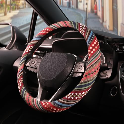 SEG Direct Boho Steering Wheel Cover with Baja Blanket Cloth Ethnic Style Auto Wheel Cover Made of Coarse Flax Fits 14 1215 14 inches Car Wheel - Image 3