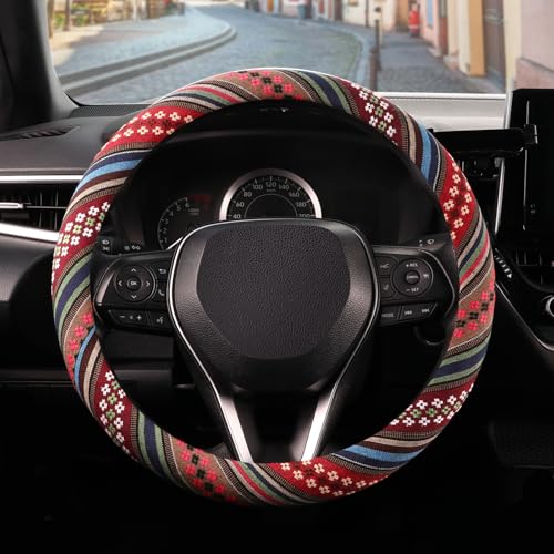 SEG Direct Boho Steering Wheel Cover with Baja Blanket Cloth Ethnic Style Auto Wheel Cover Made of Coarse Flax Fits 14 1215 14 inches Car Wheel - Image 1