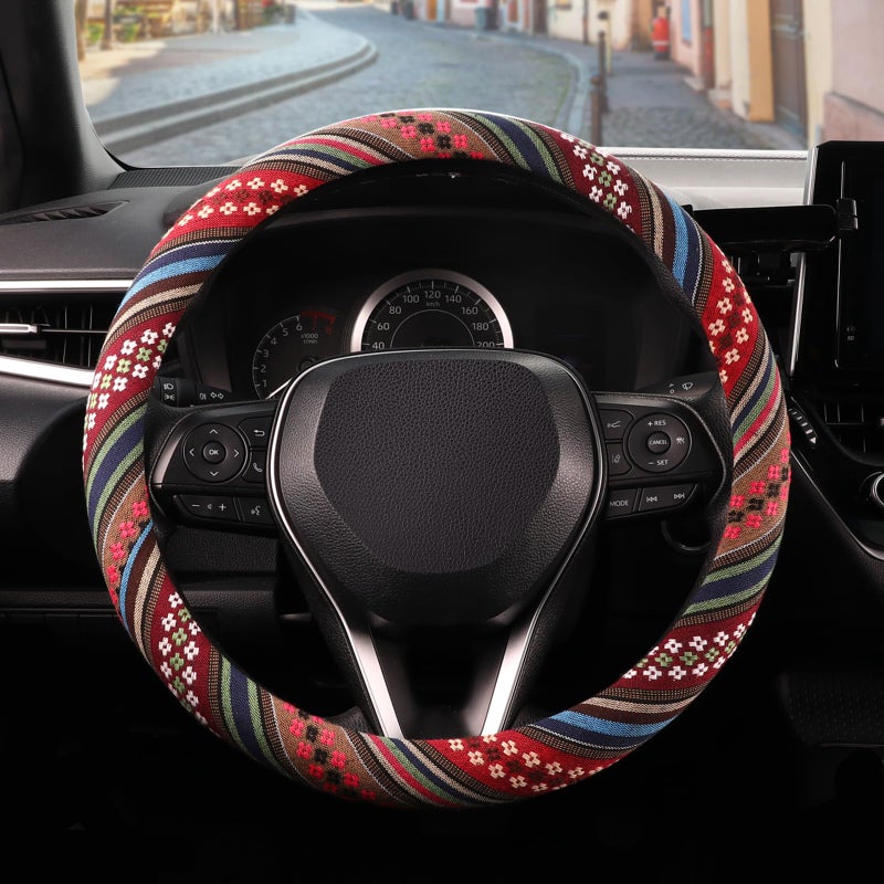 SEG Direct Boho Steering Wheel Cover with Baja Blanket Cloth Ethnic Style Auto Wheel Cover Made of Coarse Flax Fits 14 1215 14 inches Car Wheel - Image 2