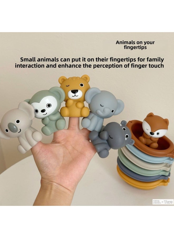 Generic - Children's Bathroom Toy Stacking Floating Boat Infant Bathing Water Stacking Animal Hand Doll Vinyl Doll-Color:3 Boats + 3 Animal Hand Puppies (elephant + Monkey + Fox) - Image 1