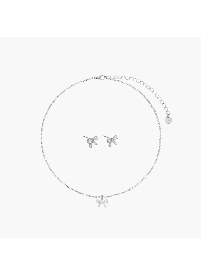 لايف ستايل Set of 2 - Cubic Zirconia Embellished Bow Pendant Necklace and Earrings