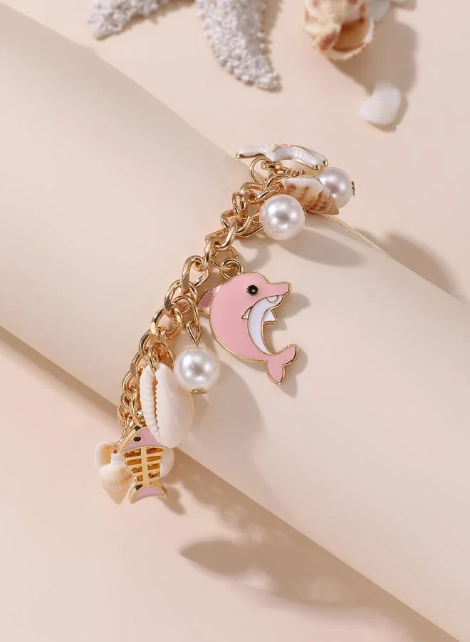 Take Two Girls Pink Dolphin and Seashell Charm Bracelet