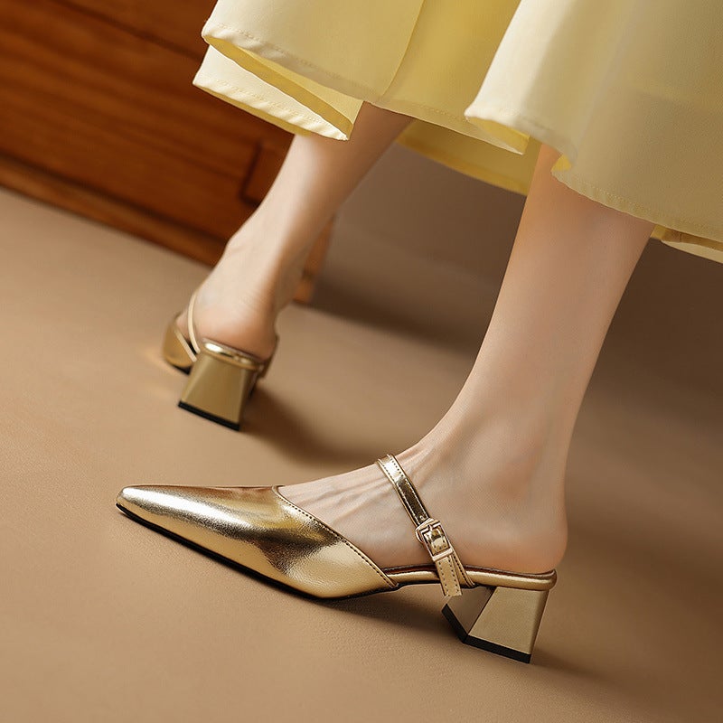 French-Style Gold High-Heeled Mule Sandals For Women, 2025 Chunky Heel Open-Back Single Shoes To Match Dresses - Image 2