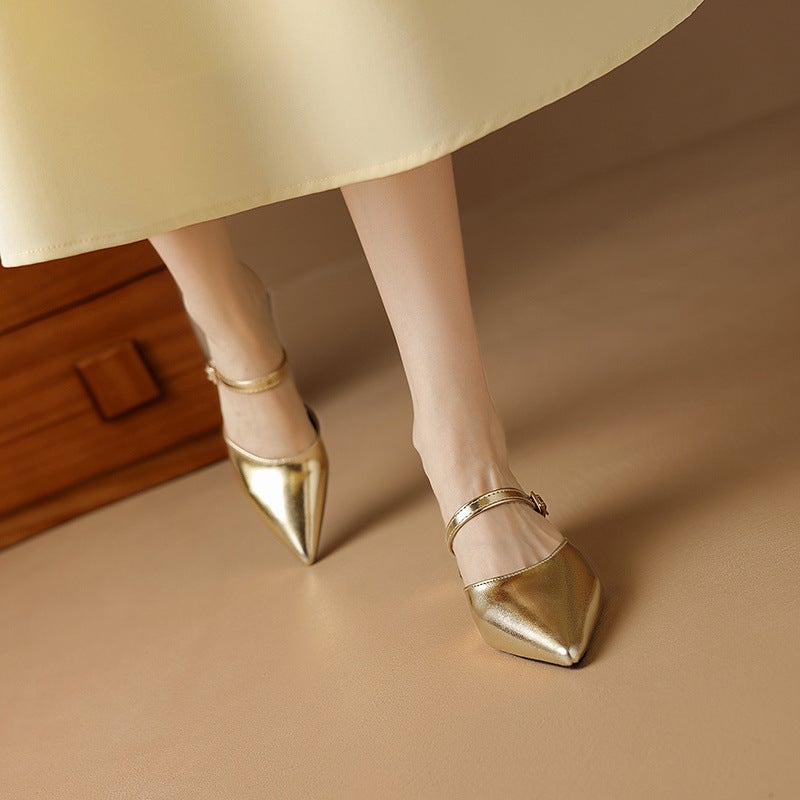 French-Style Gold High-Heeled Mule Sandals For Women, 2025 Chunky Heel Open-Back Single Shoes To Match Dresses - Image 3