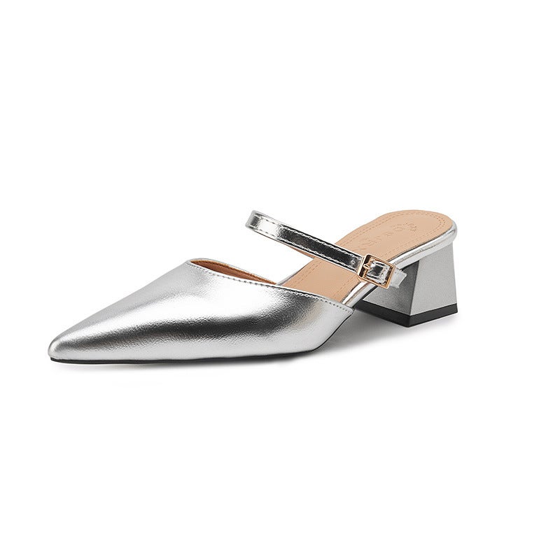 French-Style Gold High-Heeled Mule Sandals For Women, 2025 Chunky Heel Open-Back Single Shoes To Match Dresses - Image 1