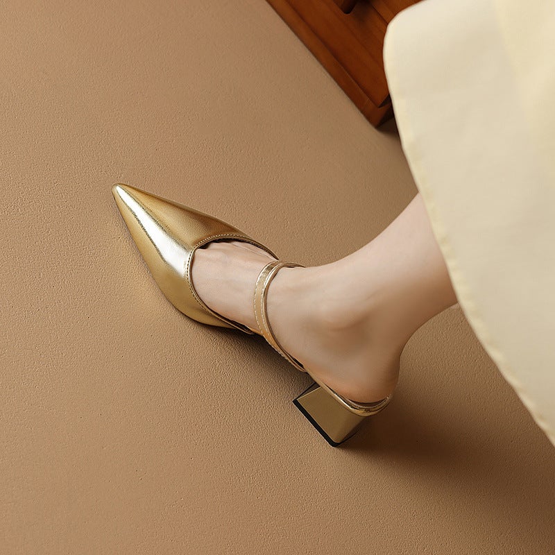 French-Style Gold High-Heeled Mule Sandals For Women, 2025 Chunky Heel Open-Back Single Shoes To Match Dresses - Image 5