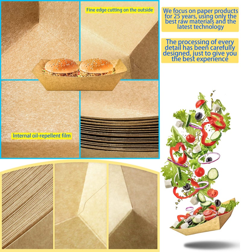 MotBach 100 Pack 2lb Paper Food Trays, Heavy-Duty Paper Food Boat Disposable Serving Basket Tray for French Fries Nachos Snack Hot Dog Taco BBQ Popcorn Party Picnic Wedding Party (Brown) - Image 3