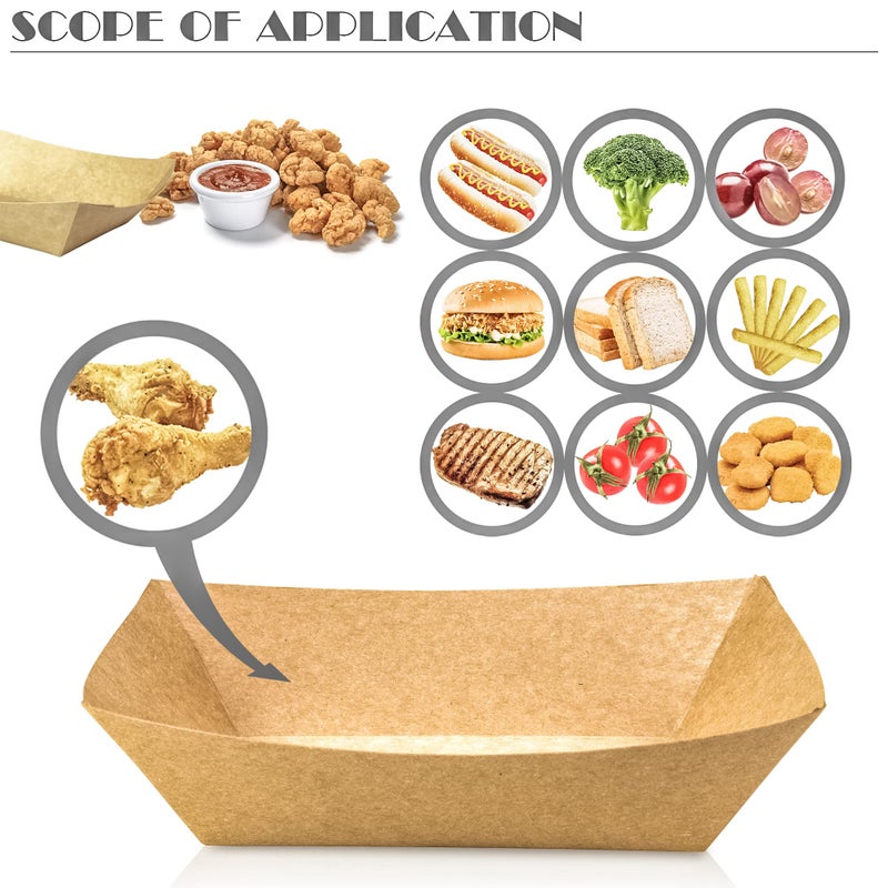 MotBach 100 Pack 2lb Paper Food Trays, Heavy-Duty Paper Food Boat Disposable Serving Basket Tray for French Fries Nachos Snack Hot Dog Taco BBQ Popcorn Party Picnic Wedding Party (Brown) - Image 4