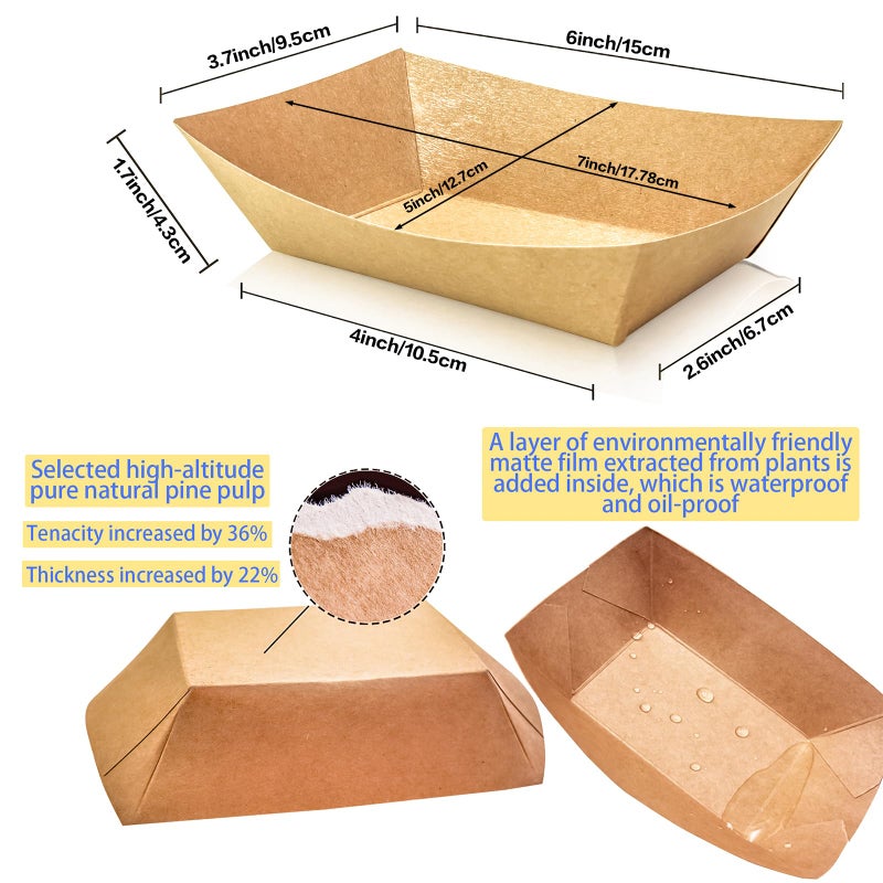 MotBach 100 Pack 2lb Paper Food Trays, Heavy-Duty Paper Food Boat Disposable Serving Basket Tray for French Fries Nachos Snack Hot Dog Taco BBQ Popcorn Party Picnic Wedding Party (Brown) - Image 2