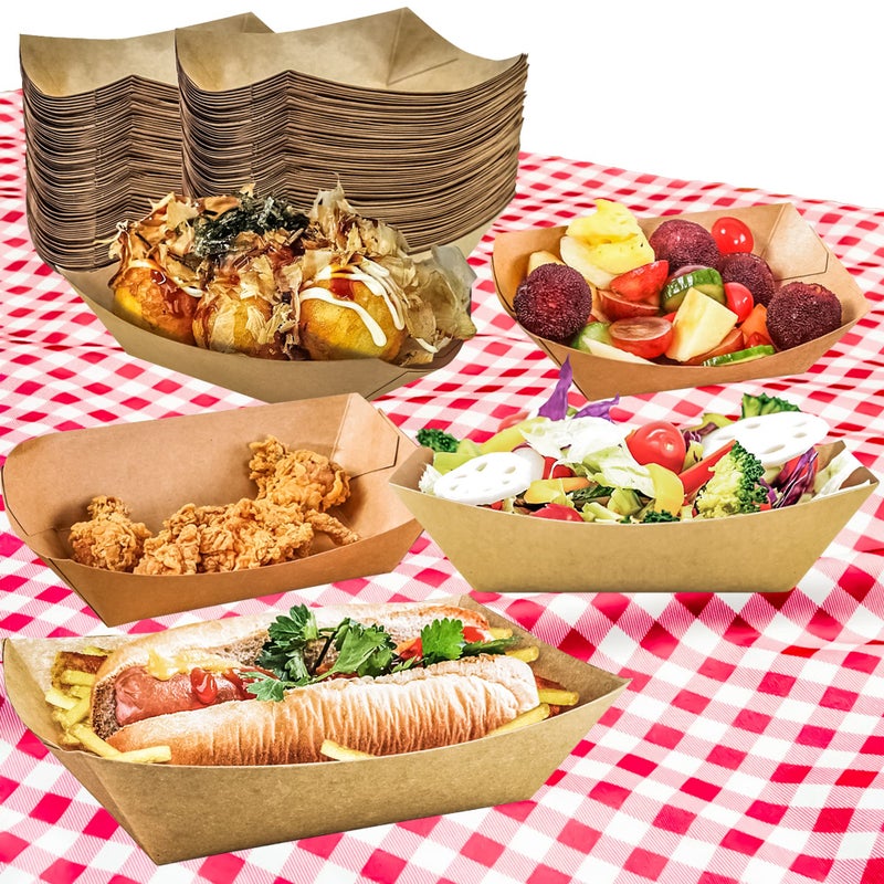 MotBach 100 Pack 2lb Paper Food Trays, Heavy-Duty Paper Food Boat Disposable Serving Basket Tray for French Fries Nachos Snack Hot Dog Taco BBQ Popcorn Party Picnic Wedding Party (Brown) - Image 5