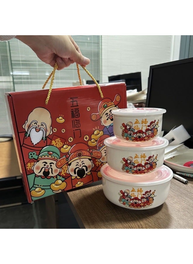 Ceramic Fresh-keeping Bowl Three-piece Sealed Bowl Gift Bowl Set Gift Box Wedding Will Sell Wholesale Printed LOGO-Specifications:Five Blessings-Color:Fresh Bowl Medium Single Color Box/60 Sets Of A Box - Image 1